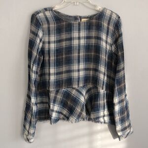 Cloth & Stone Raw Edge Frayed Shirt Top Women’s XS Denim Blue plaid cropped top